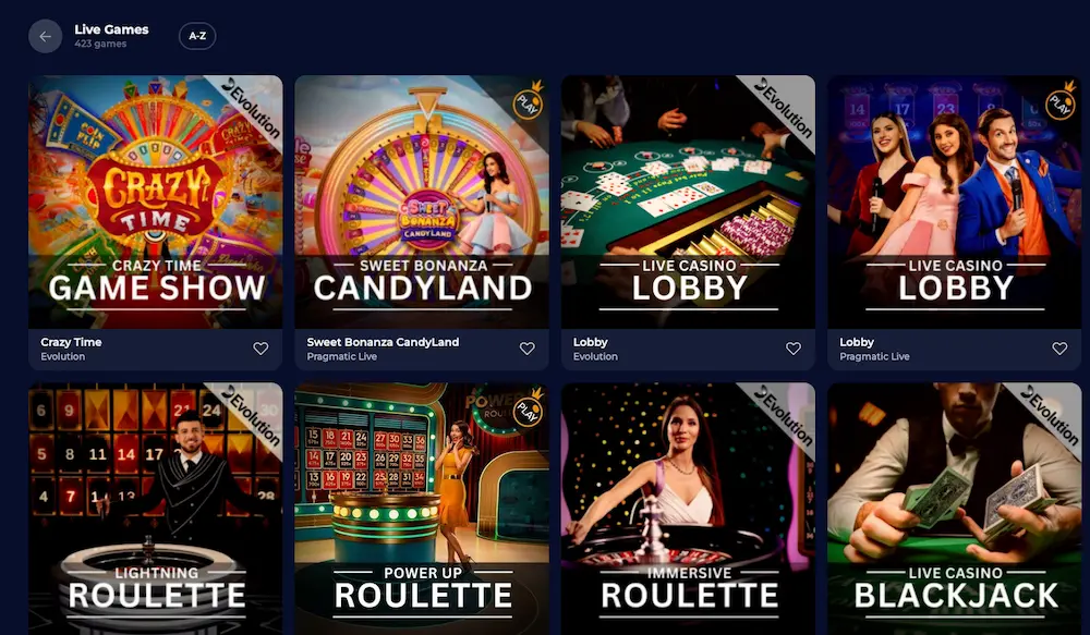 Nine Casino — Live Games lobby 423 jeux Evolution Gaming